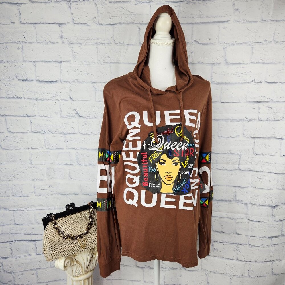 NWT On Fire Size 1X Brown "Beautiful Queen" Hooded Hoodie Long Sleeve Shirt Top